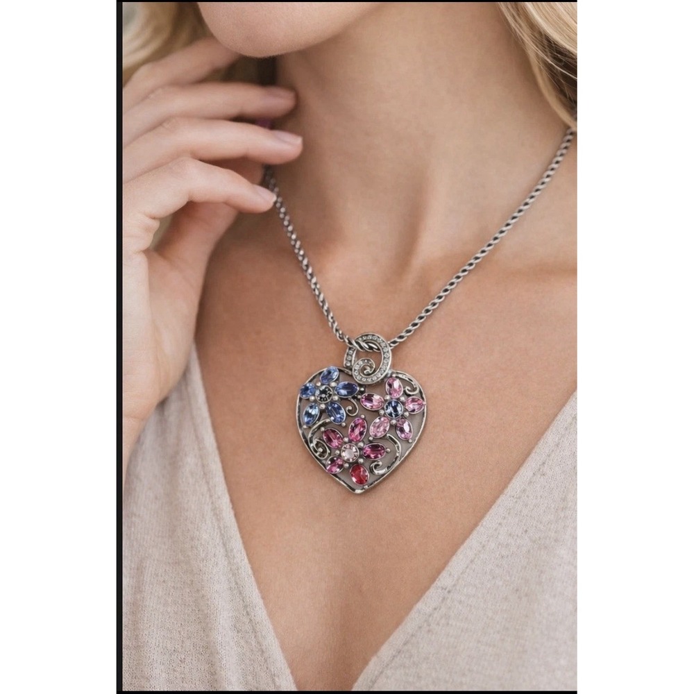Brighton Garden of Dreams Heart Necklace Silver Tone Swarovski Crystals 18"